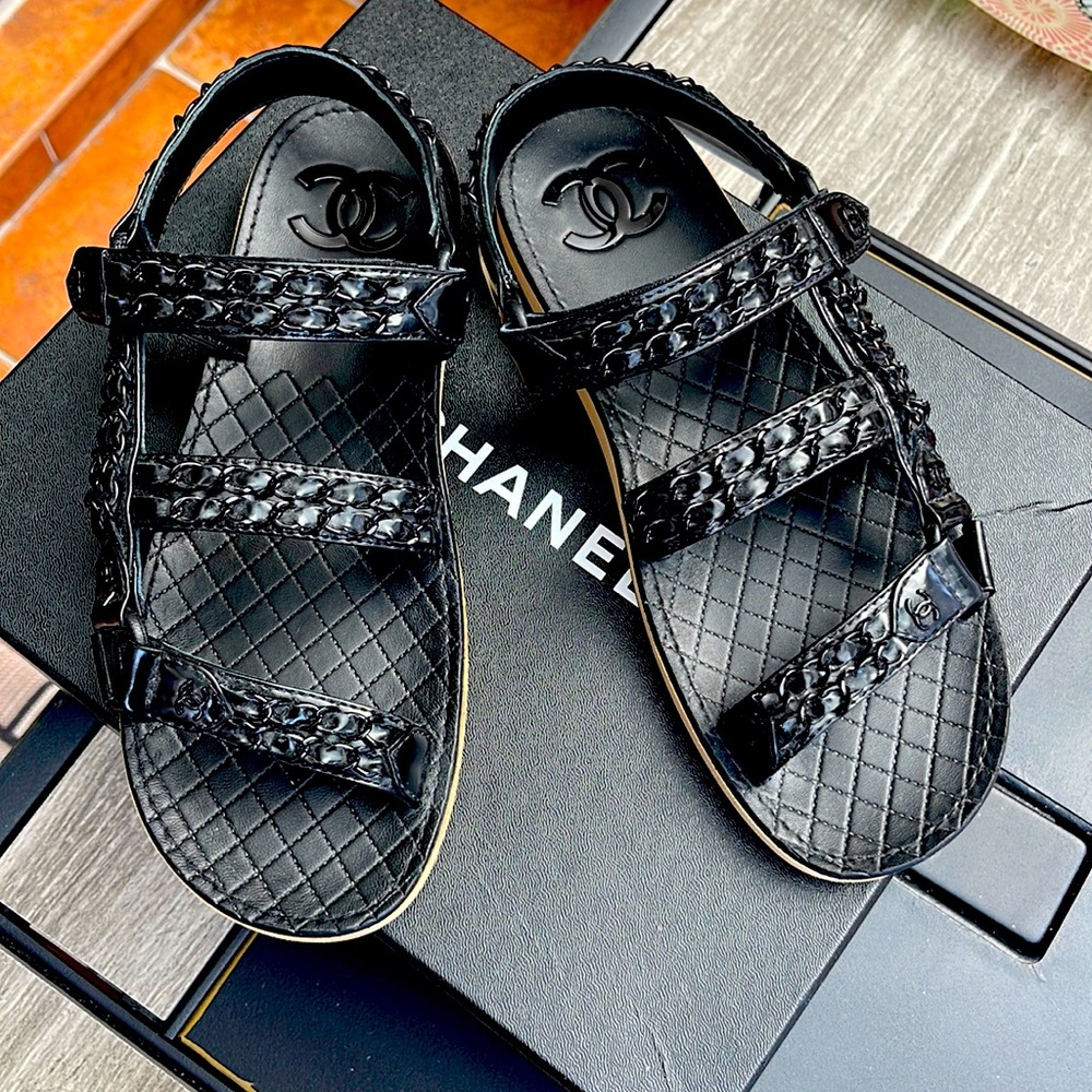 Chanel laminated goat skin black sandals